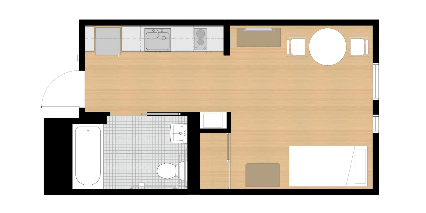 Floor plan of furnished studio unit for Richardson Apartments in San Francisco.