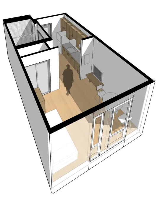 Rendering of 3-D view of furnished studio unit for Richardson Apartments in San Francisco.