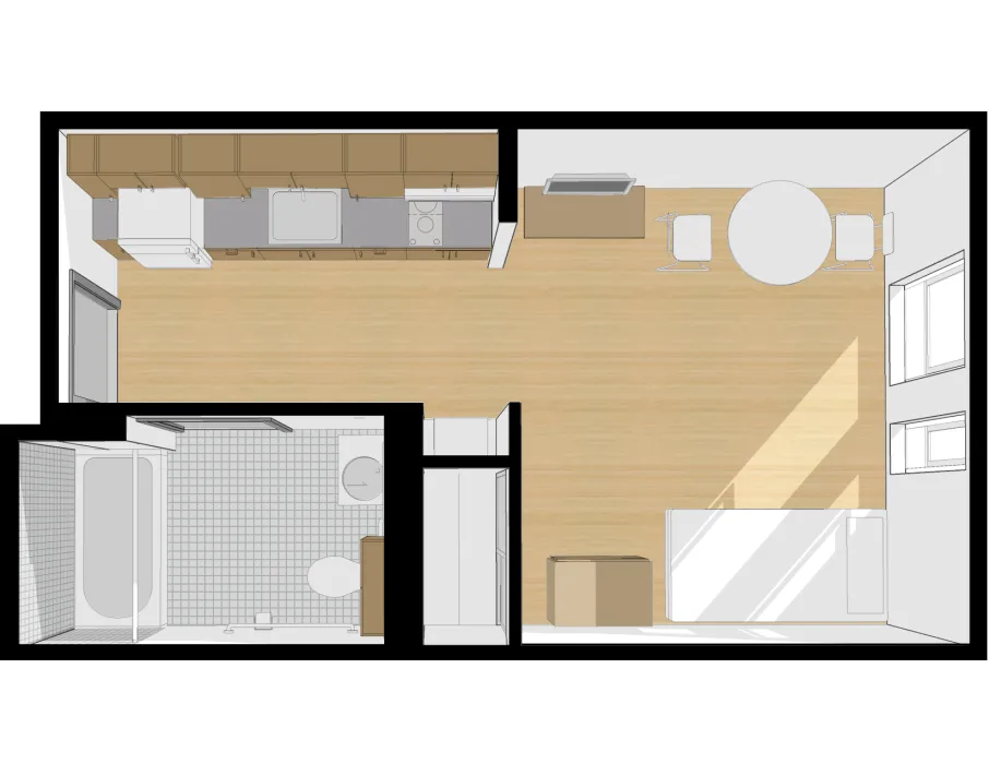 3-D floor plan of furnished studio unit for Richard Apartments in San Francisco.