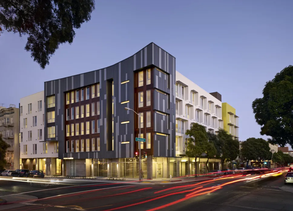 Dusk view of Richardson Apartments corner bay in San Francisco.