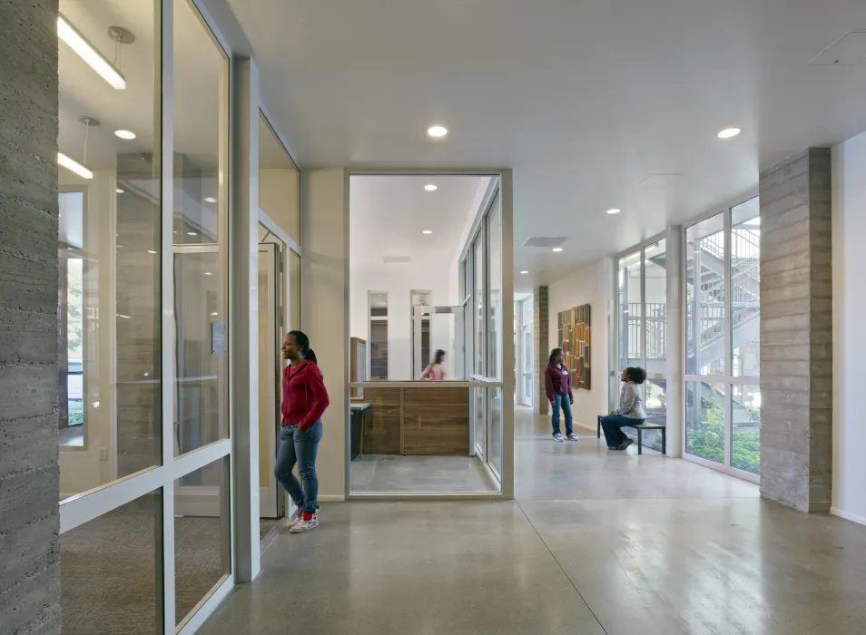 Interior hallway on ground floor of Richardson Apartments in San Francisco.