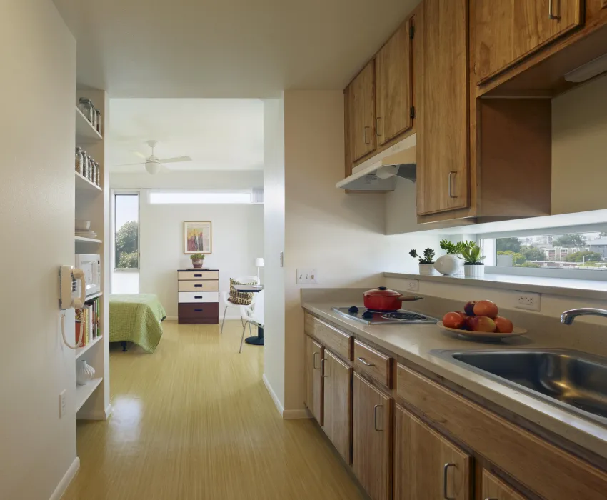 Interior of studio apartment kitchen at Richardson Apartments in San Francisco.