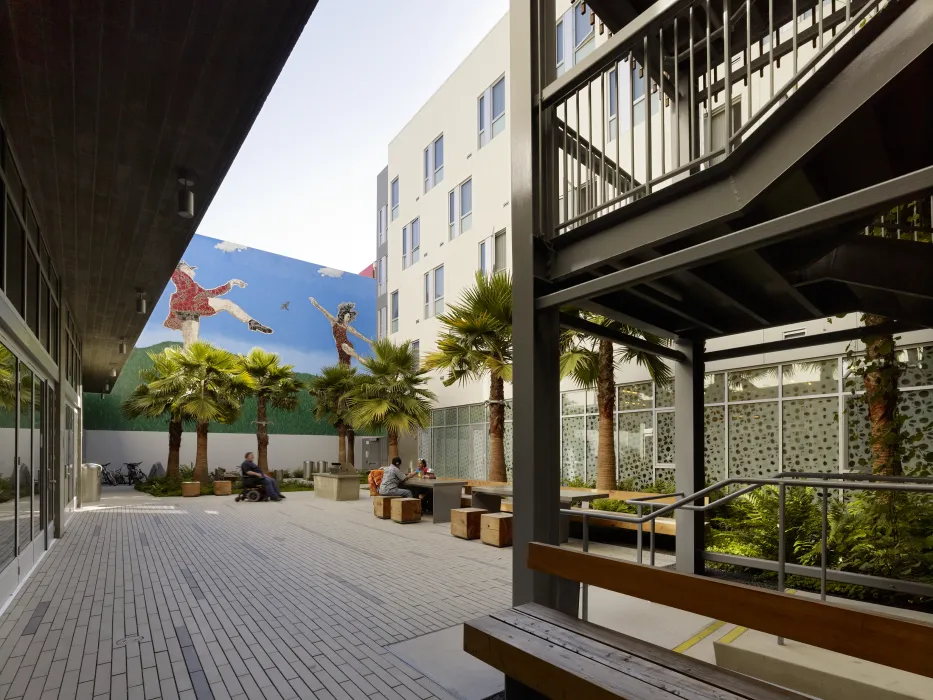 View of the courtyard from stair tower at Richardson Apartments in San Francisco.