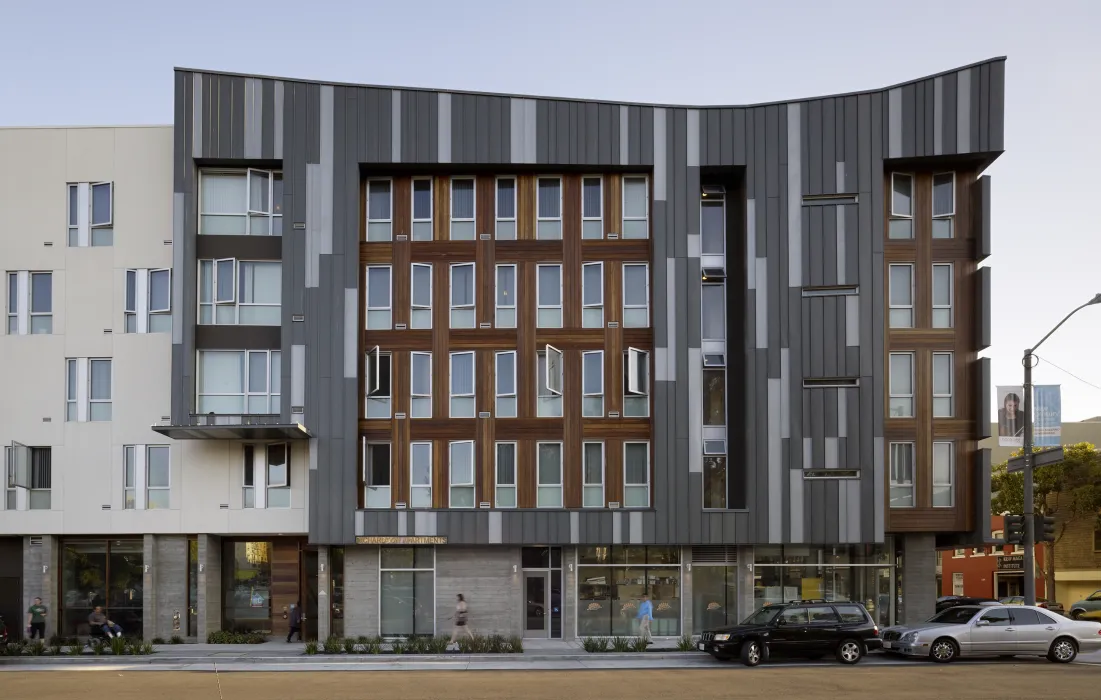 Elevation of zinc and hardwood bay at Richardson Apartments in San Francisco.