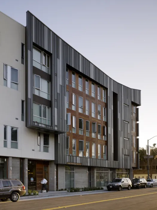 Corner and residential entry at Richardson Apartments in San Francisco.