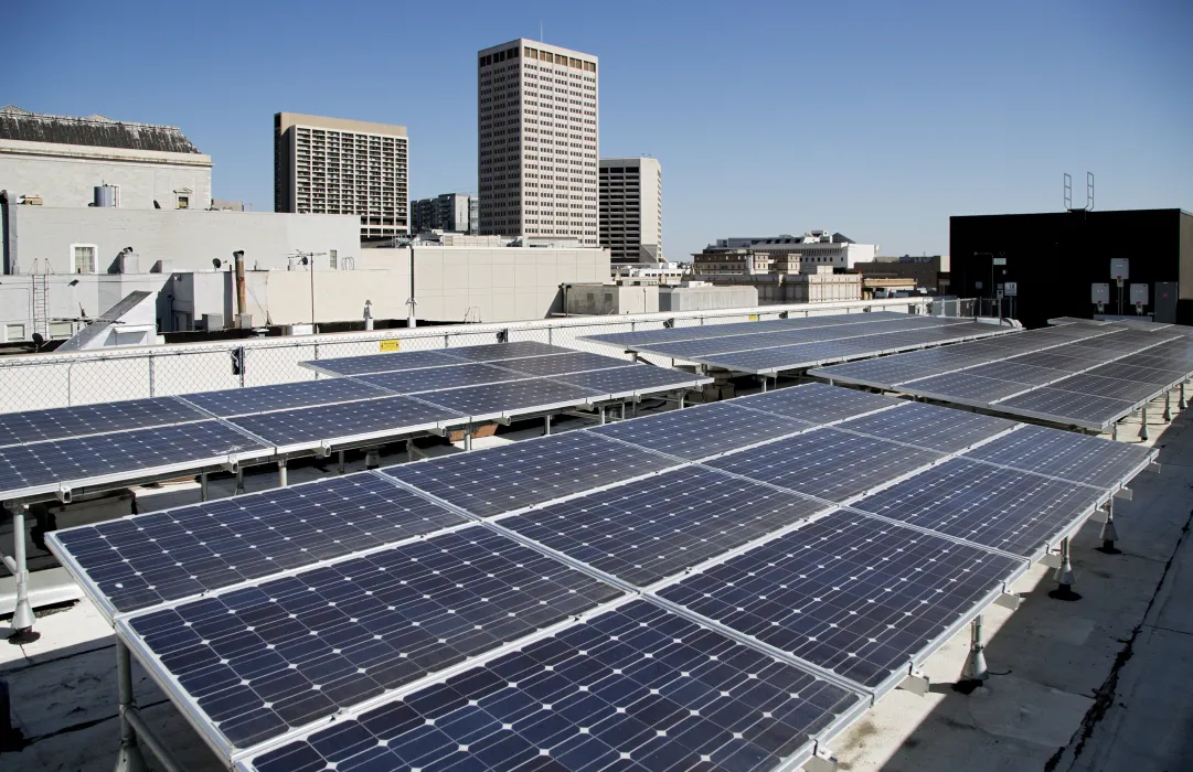 Detail of rooftop solar panels at Richardson Apartments in San Francisco.