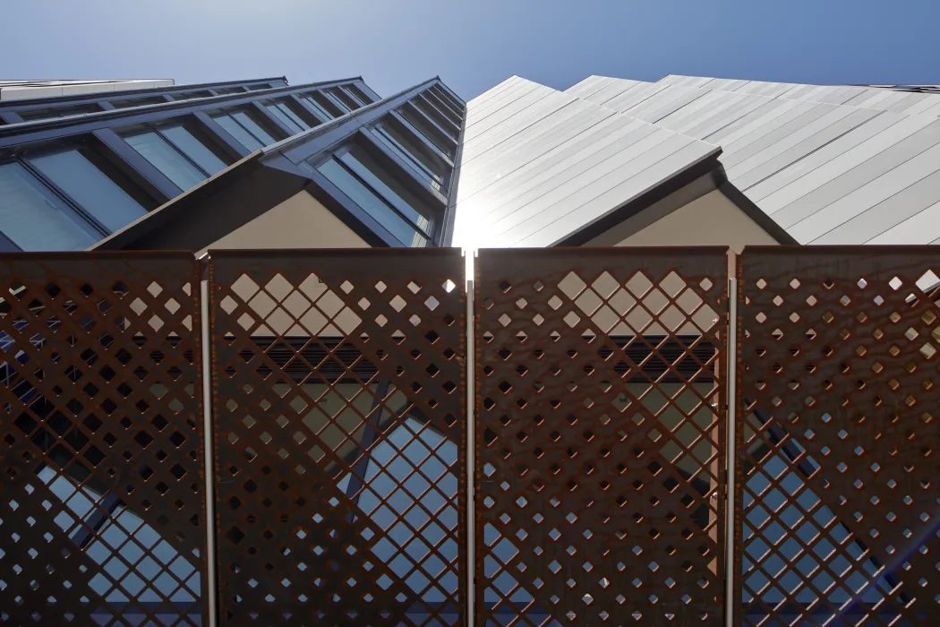 Detail of steel screen and sawtooth bay at La Fénix at 1950 in San Francisco.