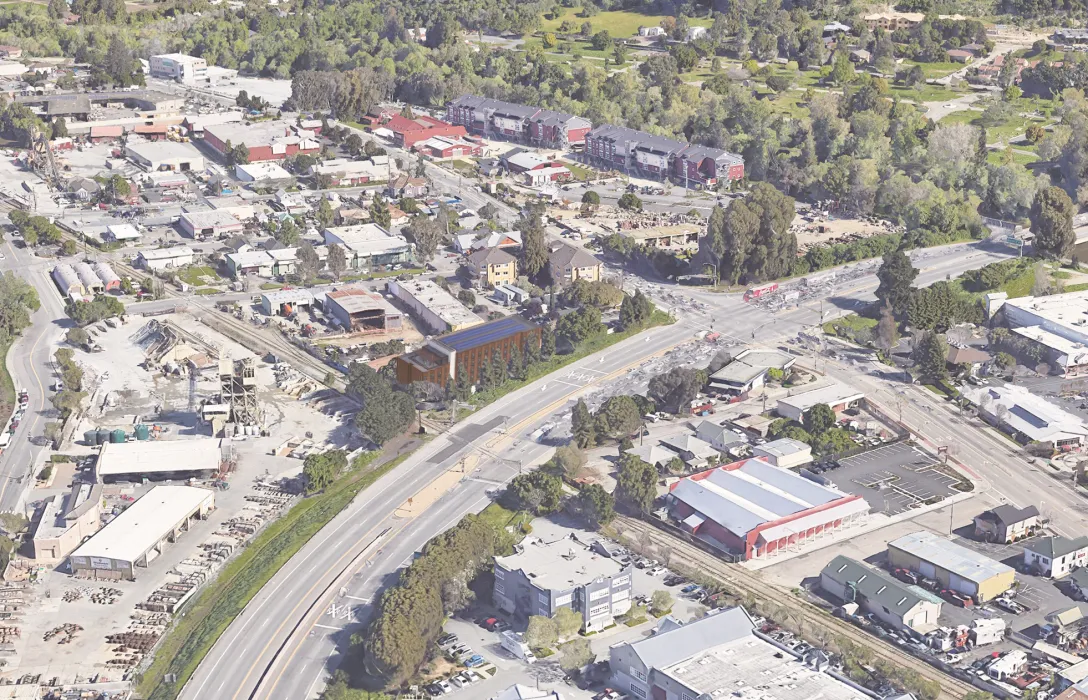 Rendered aerial view of Harvey West Studios showing Santa Cruz context.