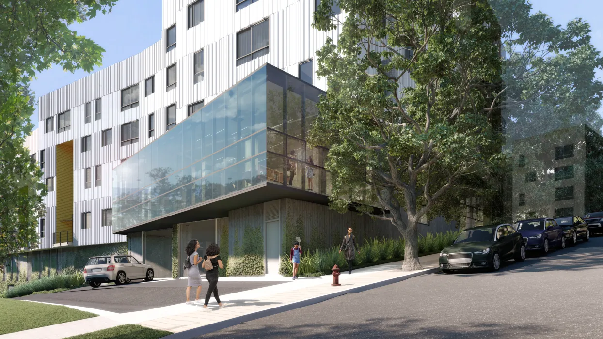 Exterior rendering of the library for Hunter’s View Phase 3 in San Francisco, Ca.