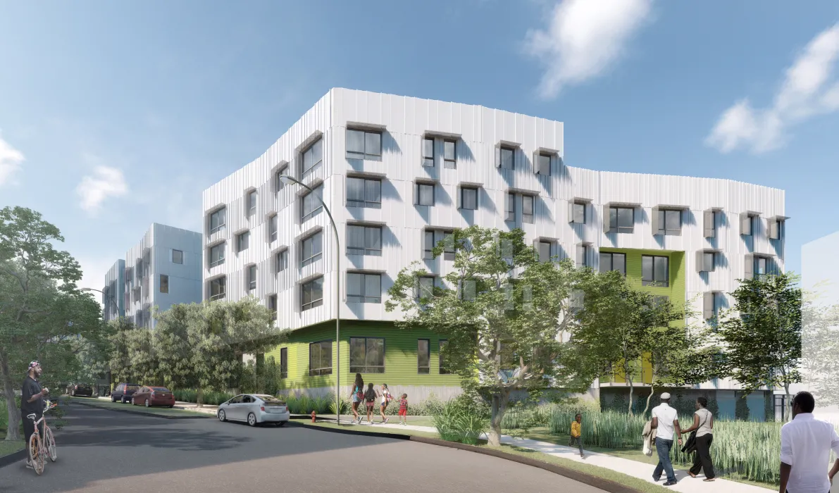 Exterior rendering of 855 building at Hunter’s View Phase 3 in San Francisco, Ca.