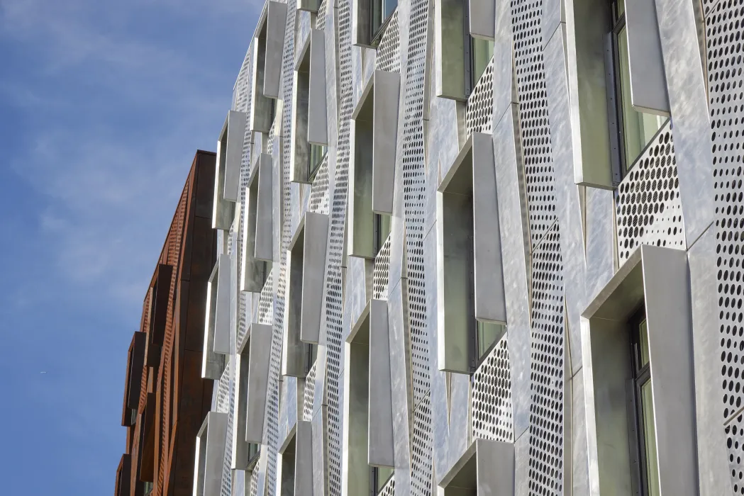 Detail of aluminum rainscreens at Tahanan Supportive Housing in San Francisco.