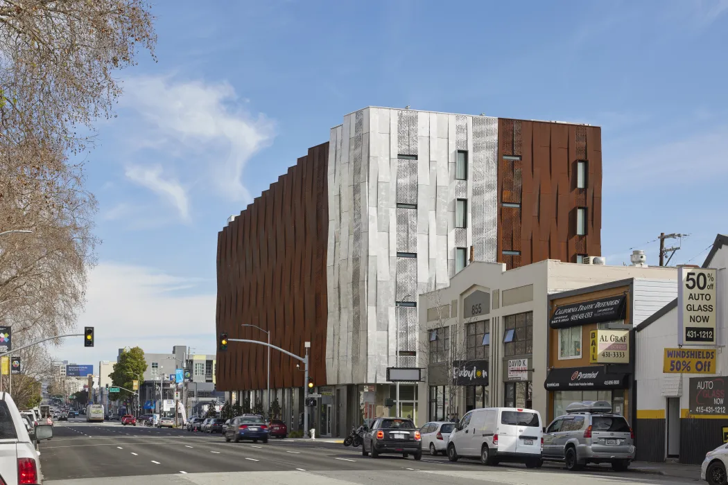 Exterior corner view of Tahanan Supportive Housing in San Francisco.