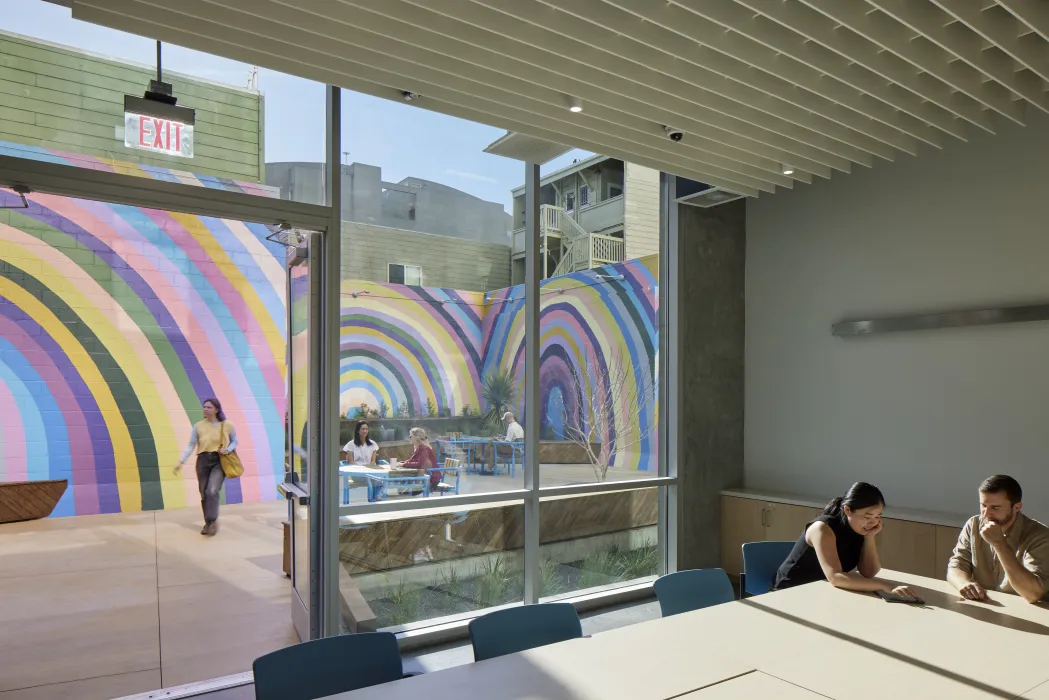 Looking out to the courtyard from the community room in Tahanan Supportive Housing in San Francisco.