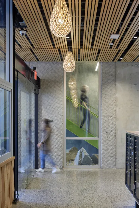 Lobby looking at the stairs Tahanan Supportive Housing in San Francisco.