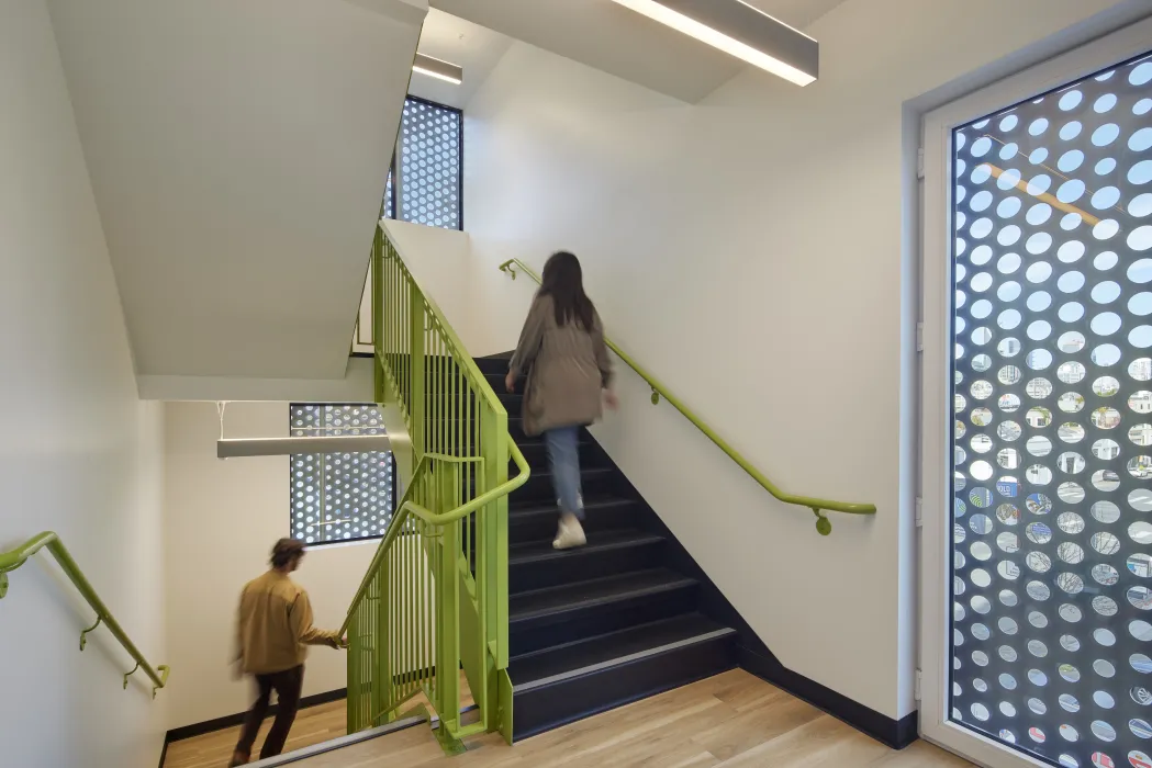 Stairs inside Tahanan Supportive Housing in San Francisco.