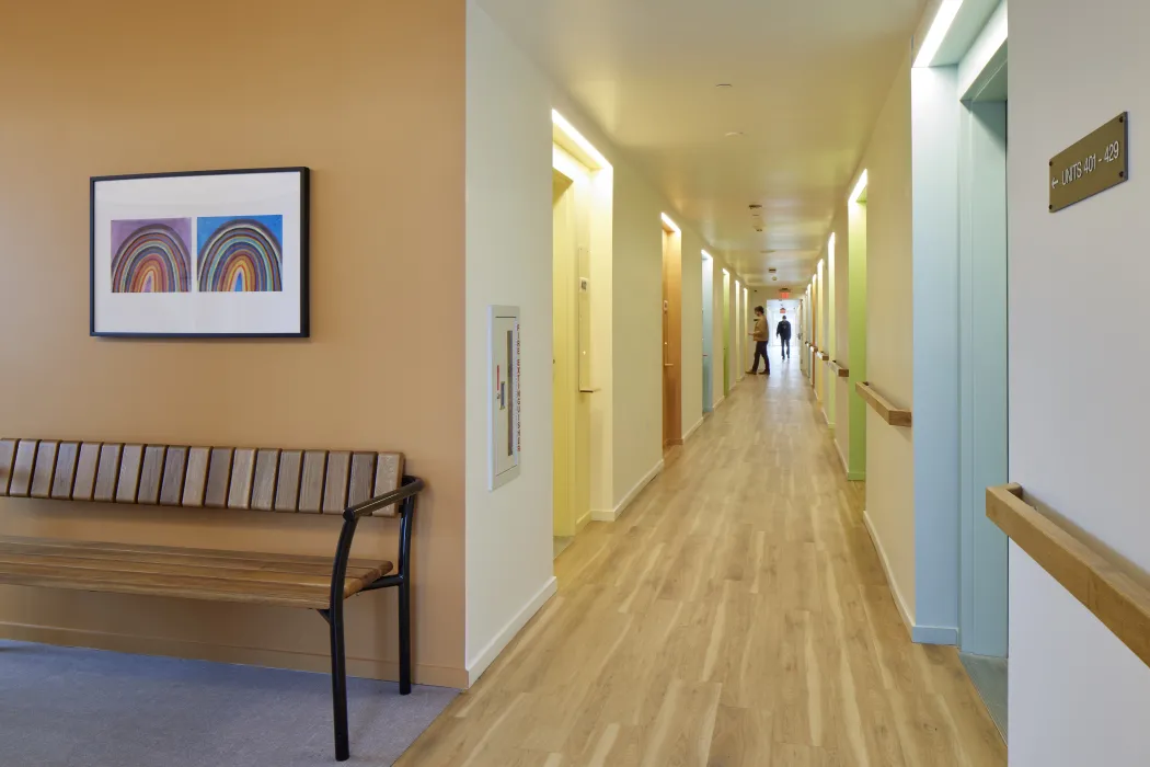 Residential hallway inside Tahanan Supportive Housing in San Francisco.