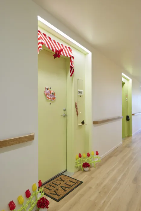 Residential hallway inside Tahanan Supportive Housing in San Francisco.