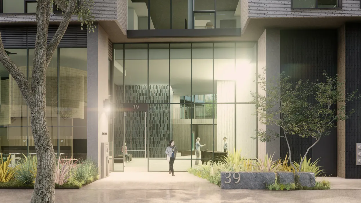 Rendering of the entrance to Isle House in Treasure Island, San Francisco, Ca.