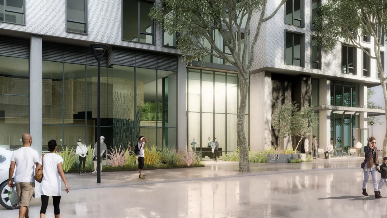 Rendering of the entrance to Tidal House in Treasure Island, San Francisco, Ca.
