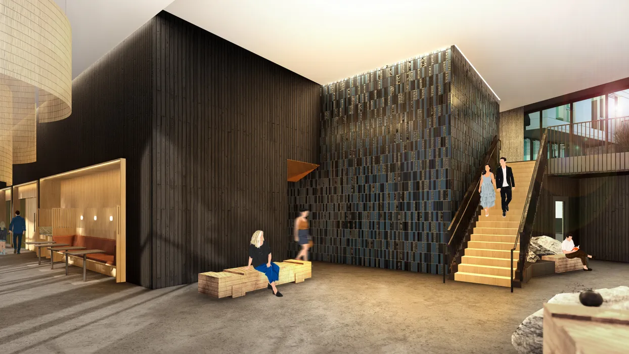 Rendering of the entrance lobby of Isle House in Treasure Island, San Francisco, Ca.