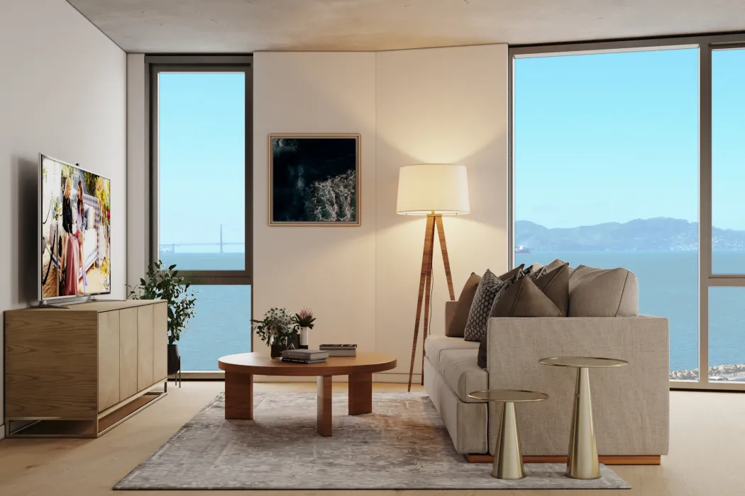 Rendering of a unit living room with the view of the bay for Tidal House in Treasure Island, San Francisco, Ca.