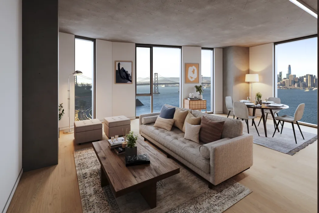 Rendering of a unit living room and kitchen with the view of the bay for Tidal House in Treasure Island, San Francisco, Ca.