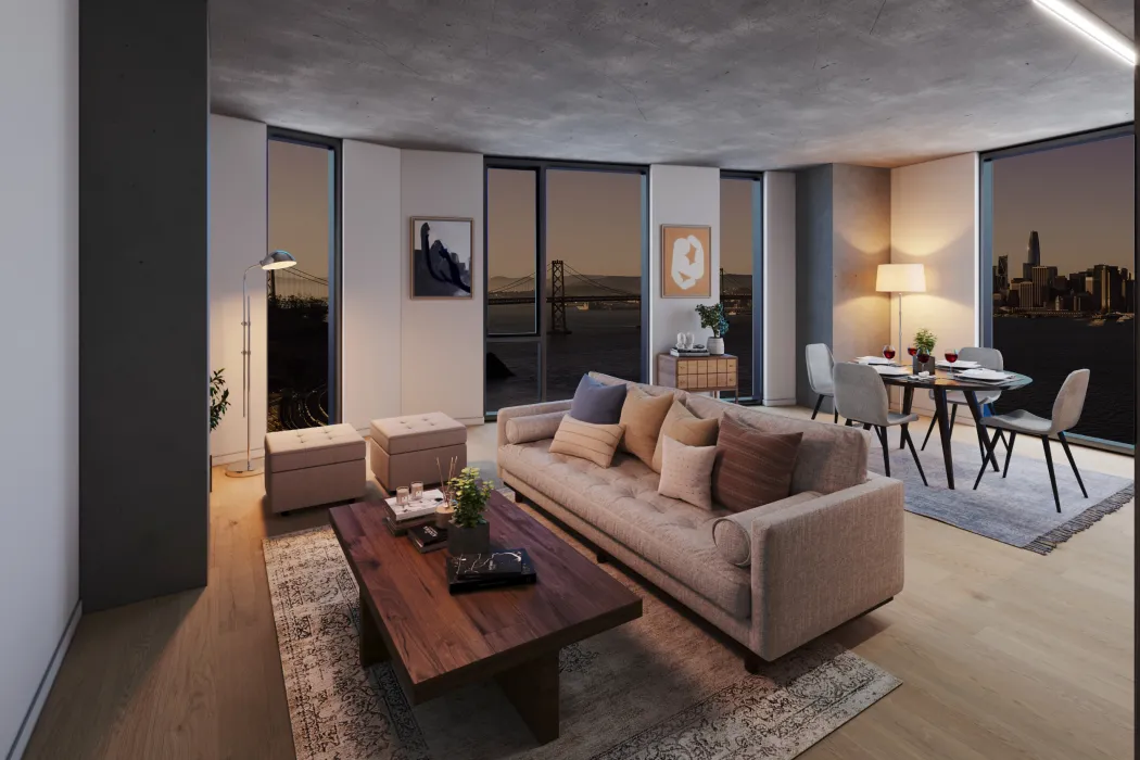 Rendering of a unit living room with the view of the bay at night for Tidal House in Treasure Island, San Francisco, Ca.