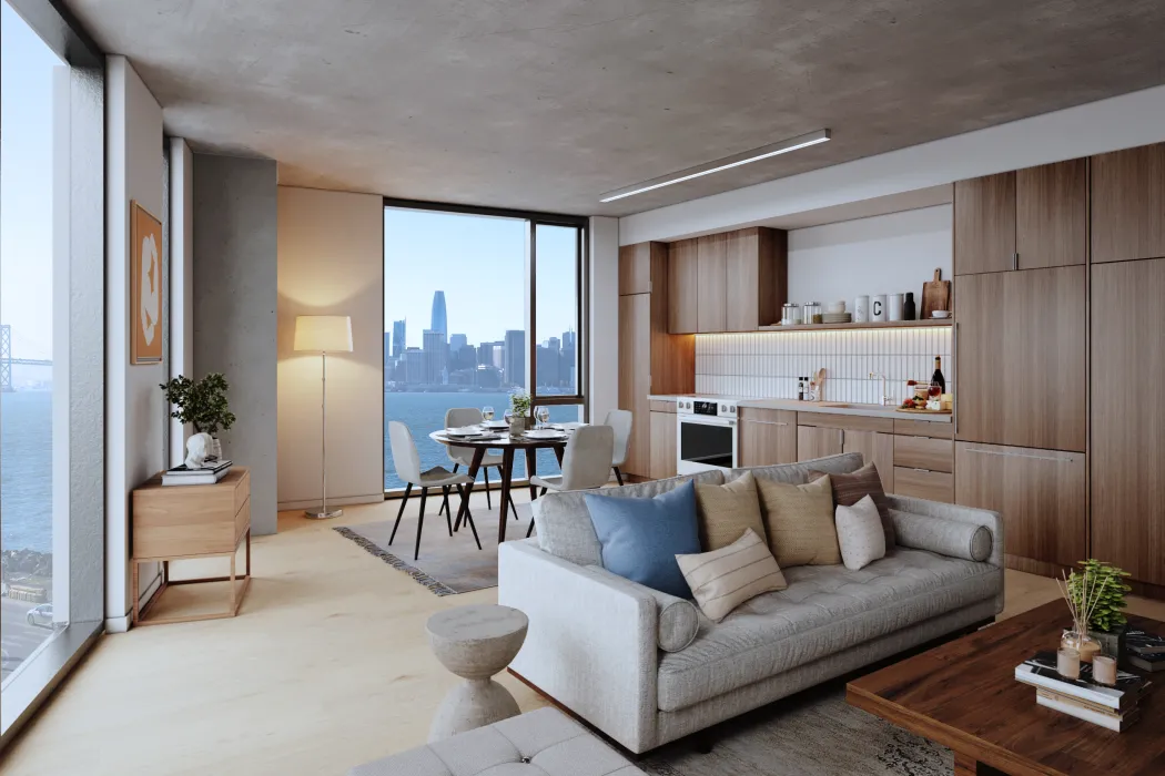 Rendering of a unit living room and kitchen with the view of the bay for Tidal House in Treasure Island, San Francisco, Ca.