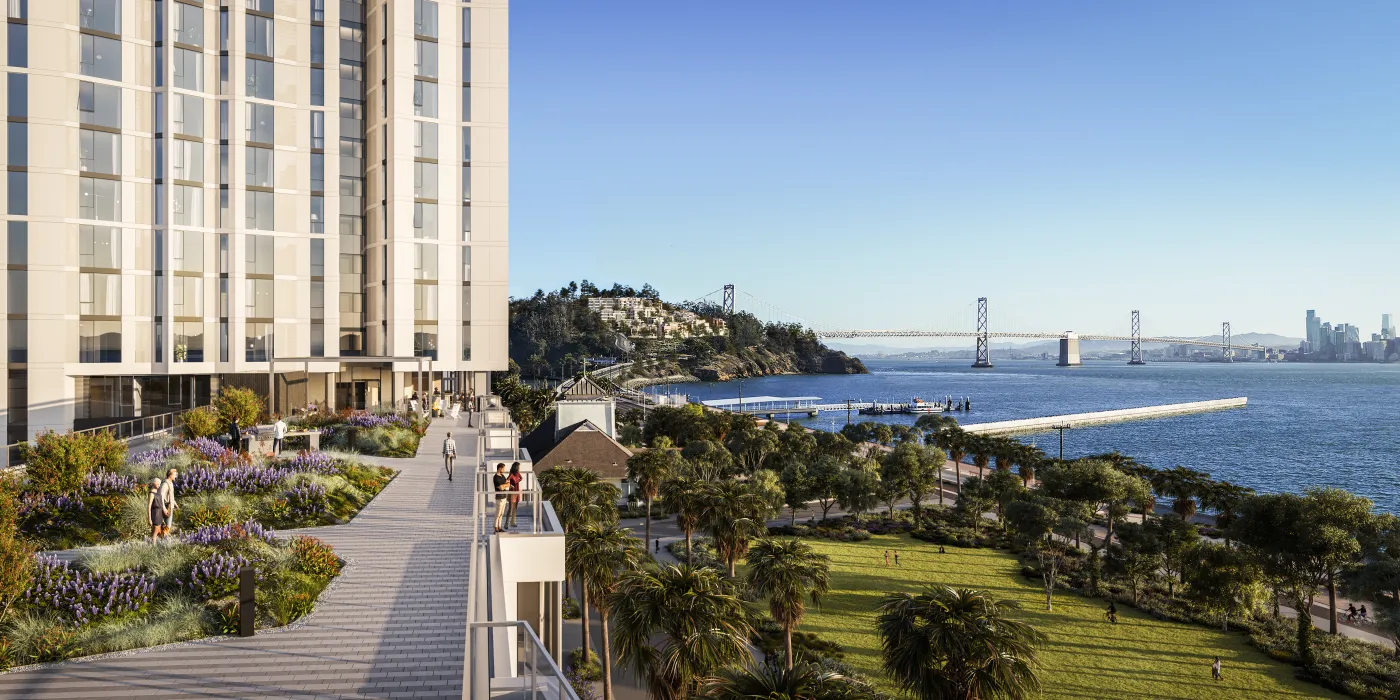 Exterior rendering of the bay bridge and Tidal House in Treasure Island, San Francisco, Ca.