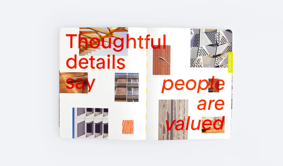 Collage spread from the book 9 Ways to Make Housing for People that reads "Thoughtful details say people are valued." 