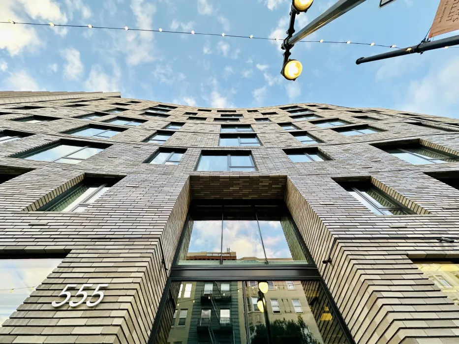 Detail of the building looking up at 555 Larkin in San Francisco.