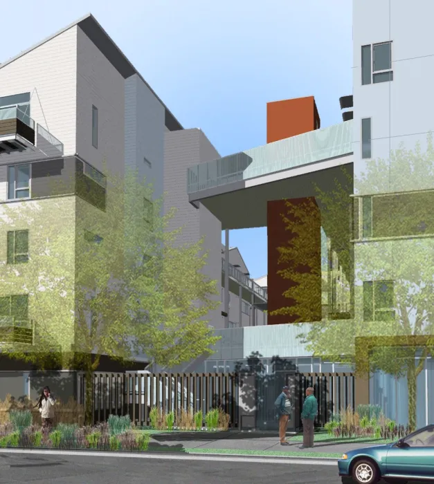 Exterior rendering of the entry court to Armstrong Place in San Francisco.