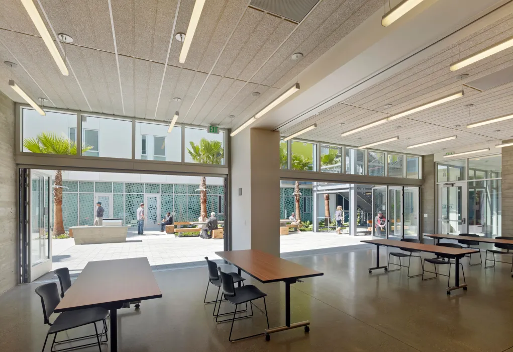 View of the courtyard from the program room at Richardson Apartments in San Francisco, Ca.