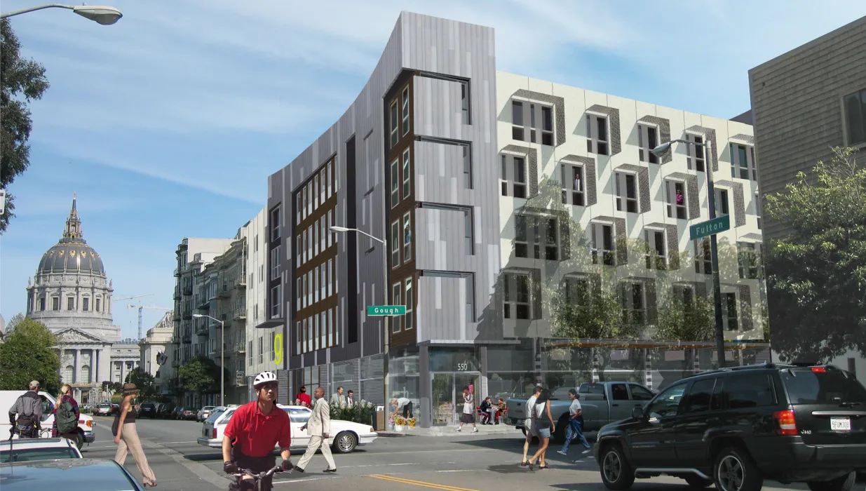 Exterior rendering at Gough and Fulton Streets for Richardson Apartments in San Francisco.
