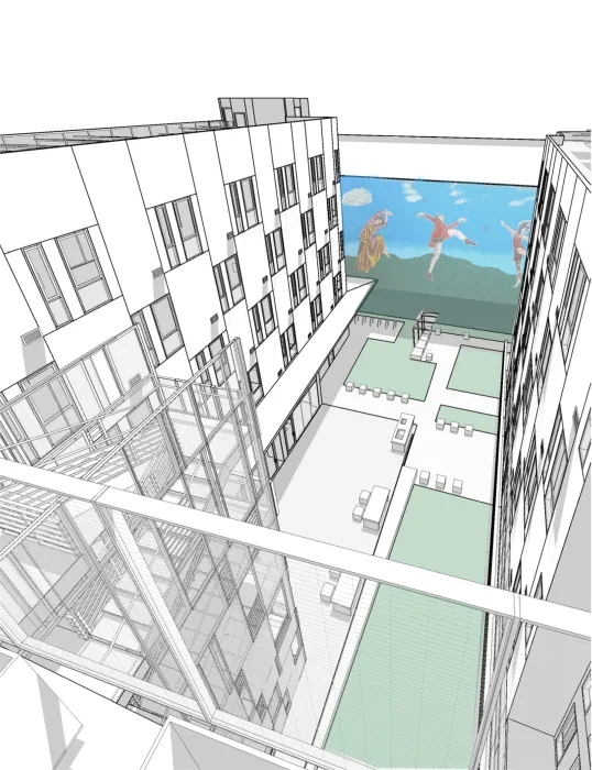 Rendering of the courtyard from the roof deck for Richardson Apartments in San Francisco.