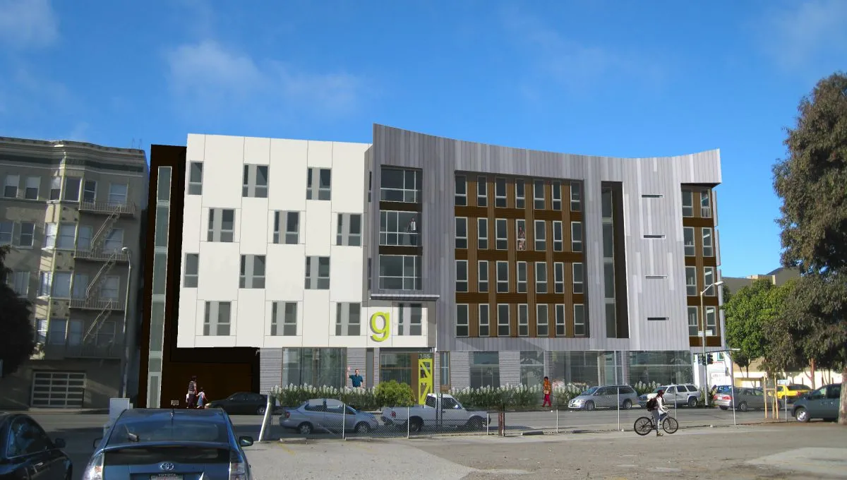 Exterior rendering of Richardson Apartments in San Francisco at Fulton Street.