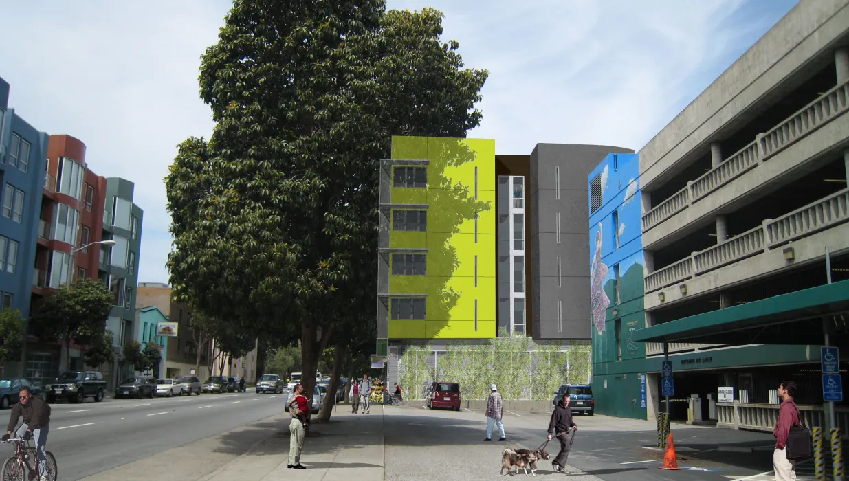 Exterior rendering of Richardson Apartments in San Francisco at Grove Street.