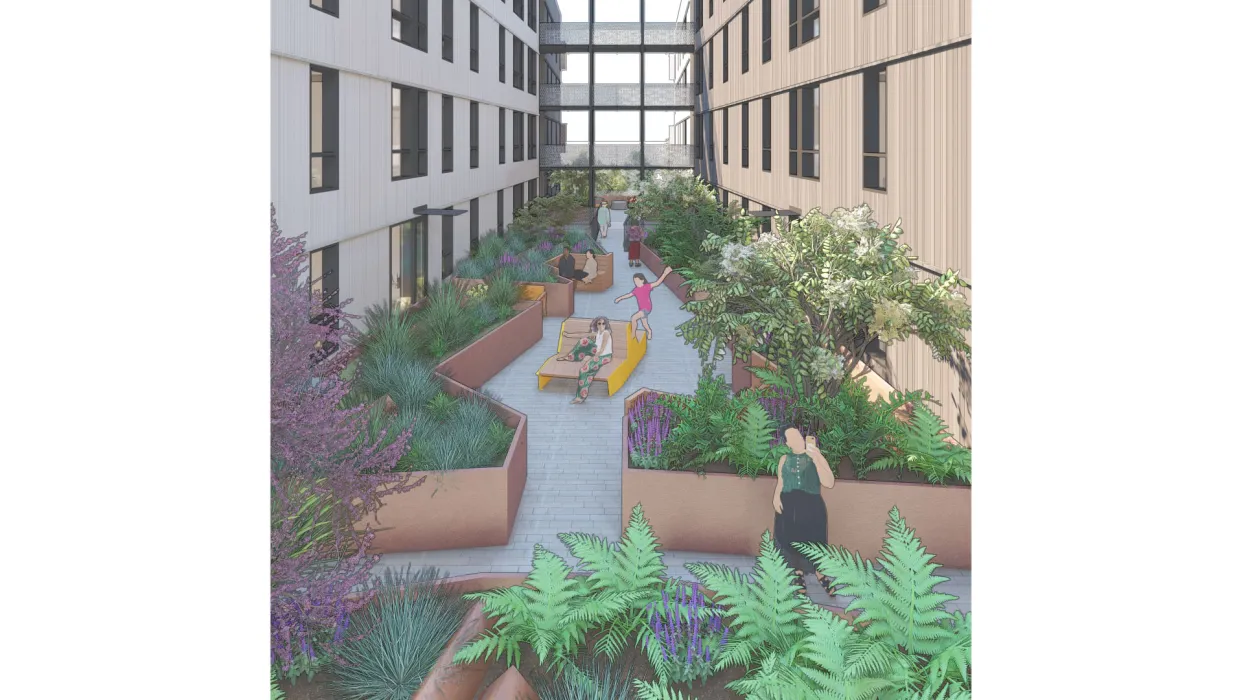 Exterior rendering of a courtyard at Sunnydale Block 3 in San Francisco.