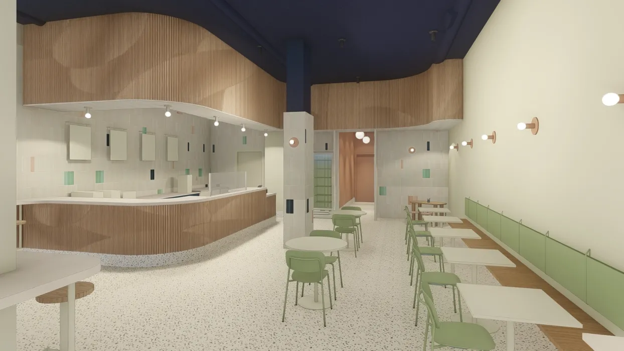 Interior rendering with tables and counter for Big Spoon Creamery in Huntsville, Al.