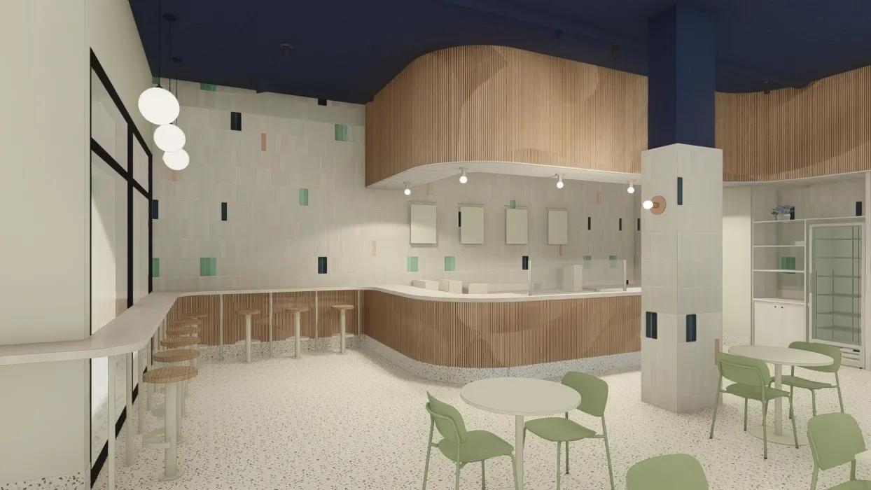 Interior rendering tables, counter and stools for Big Spoon Creamery in Huntsville, Al.