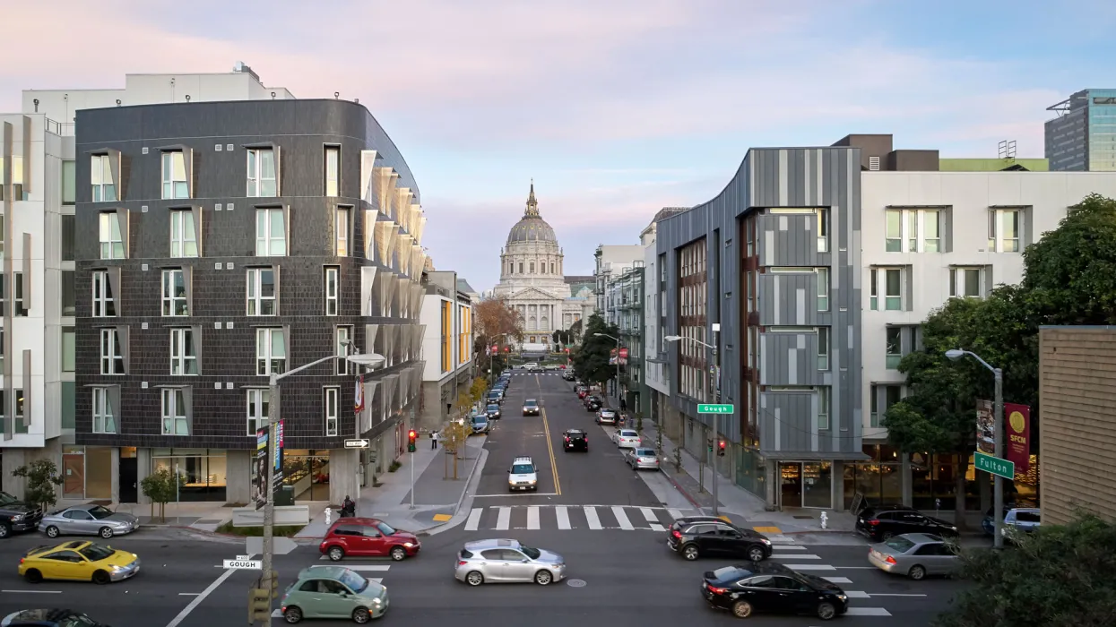 Exterior view of 388 Fulton and Richardson apartments with City Hall in the Background in San Francisco.