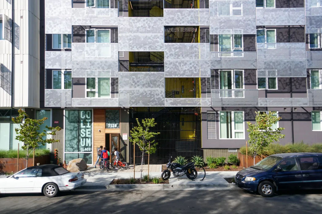 Exterior view of the entrance to Coliseum Place in Oakland, California.