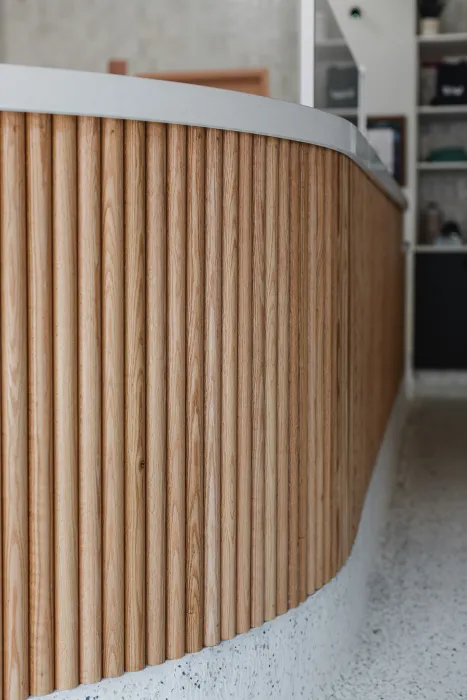 Interior detail of the wood counter at Big Spoon Creamery in Huntsville, Alabama