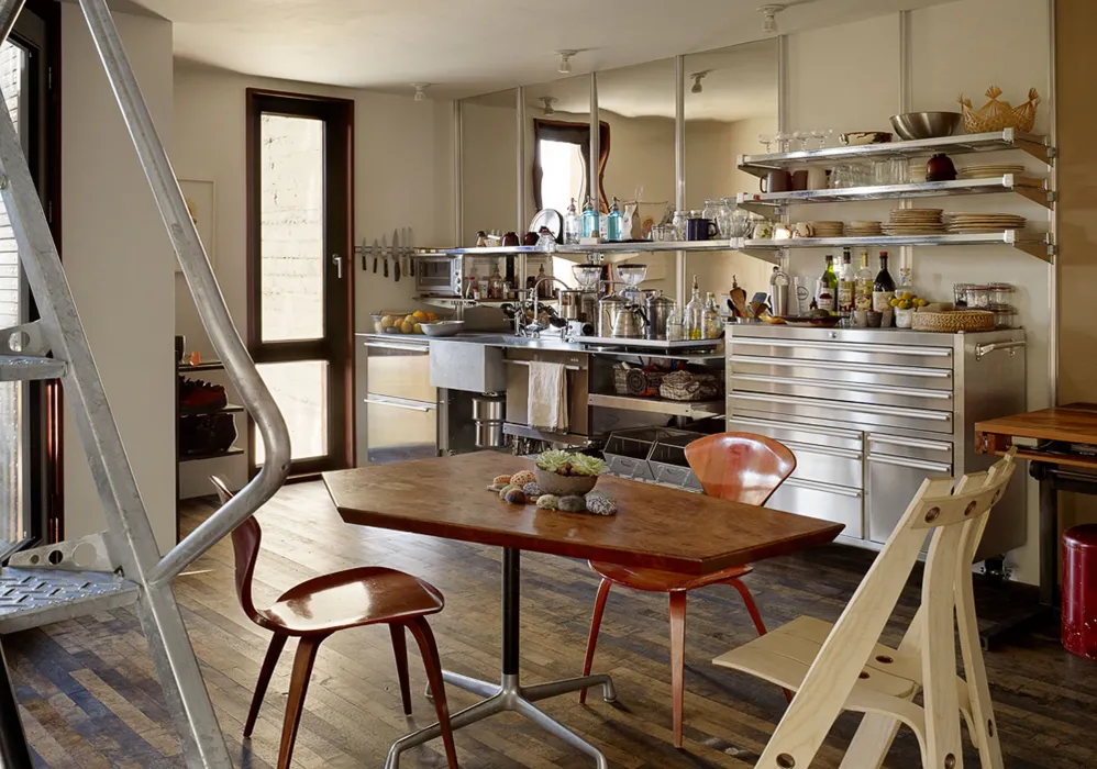 Interior view of the kitchen and dining area inside Zero Cottage in San Francisco.