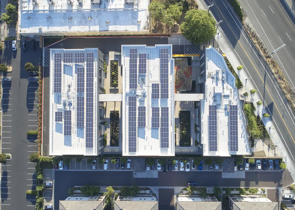 Aerial view of the solar panels at Edwina Benner Plaza in Sunnyvale, California.