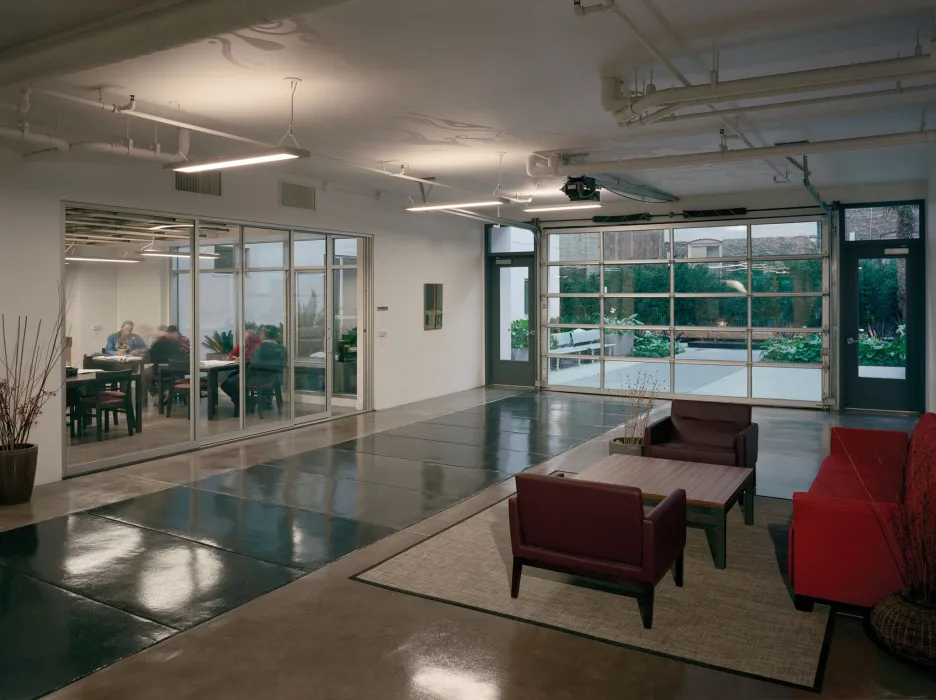 Lobby at Curran house showing visual connections to offices and the courtyard.