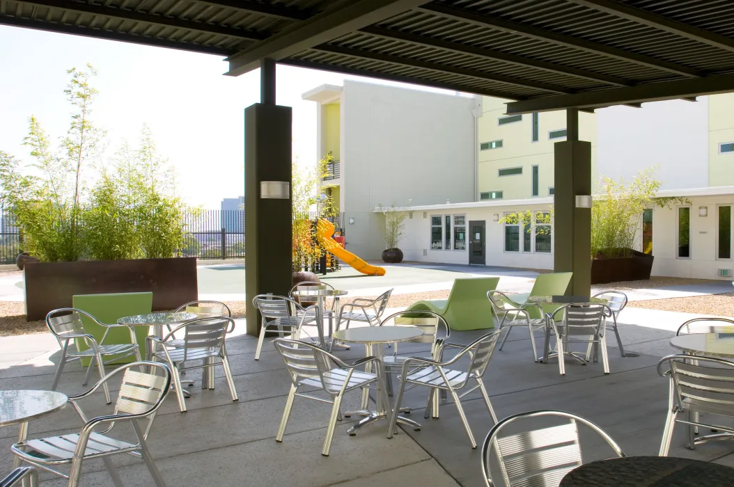 Seating area and playground of the rooftop of Delmas Park in San Jose, California.