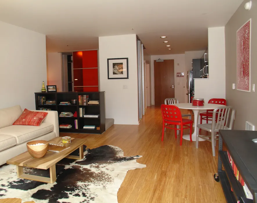 Living room in a junior one bedroom apartment in 200 Second Street in Oakland, California.