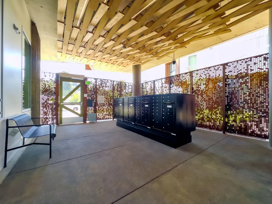 Mailboxes inside the entry of Blue Oak Landing surrounded by the cor-ten steel entry fence in Vallejo, California.