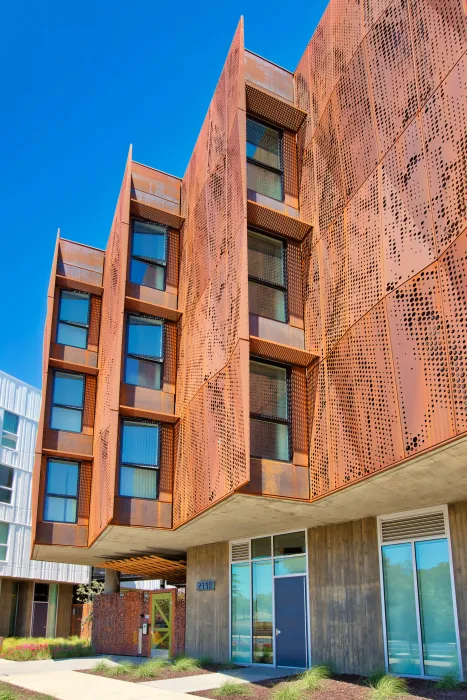 Exterior view of the weathering cor-ten facade on the exterior of Blue Oak Landing in Vallejo, California.